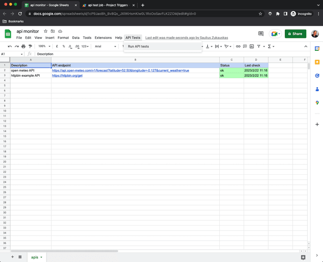 api monitoring with google sheets success
