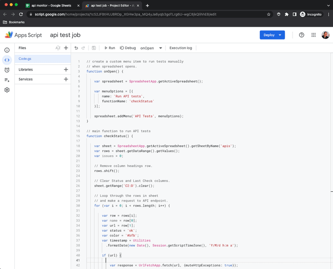 api monitoring with google sheets apps script