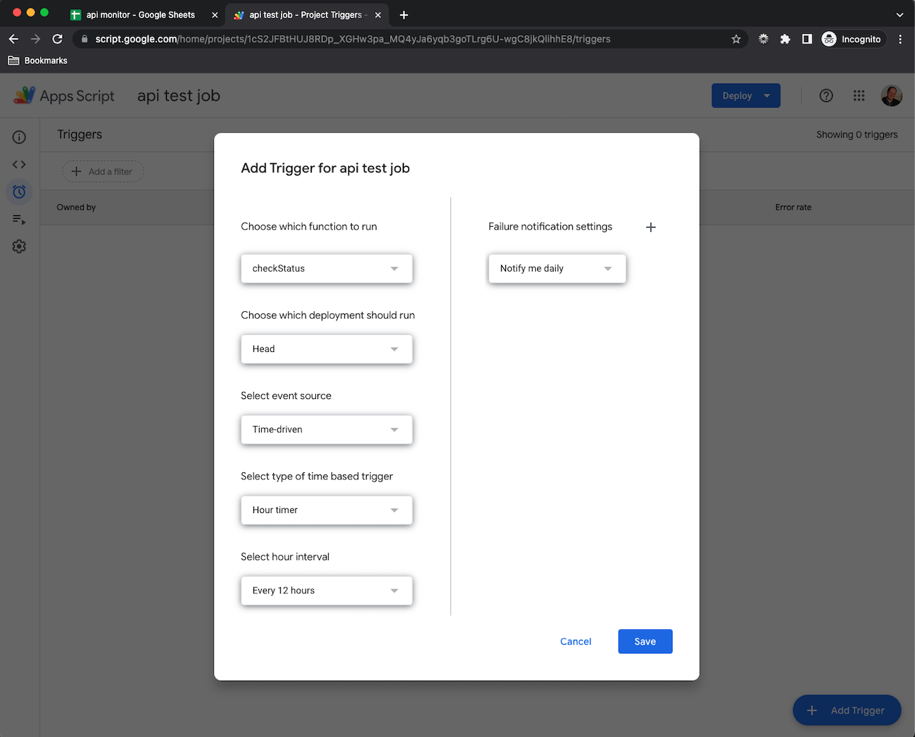 api monitoring with google sheets set trigger