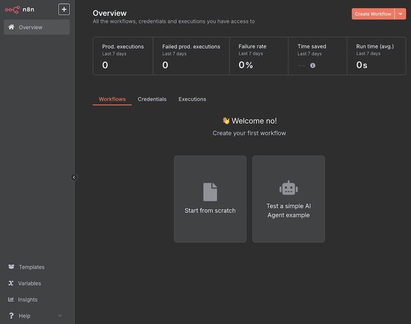 n8n home screen after registration is complete